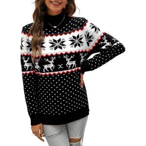 Women Ugly Christmas Black Sweater Reindeer Snowflake Knit Pullover Crew Neck